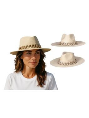 Woven Straw Fedoras Hat With Resin Chain Trim